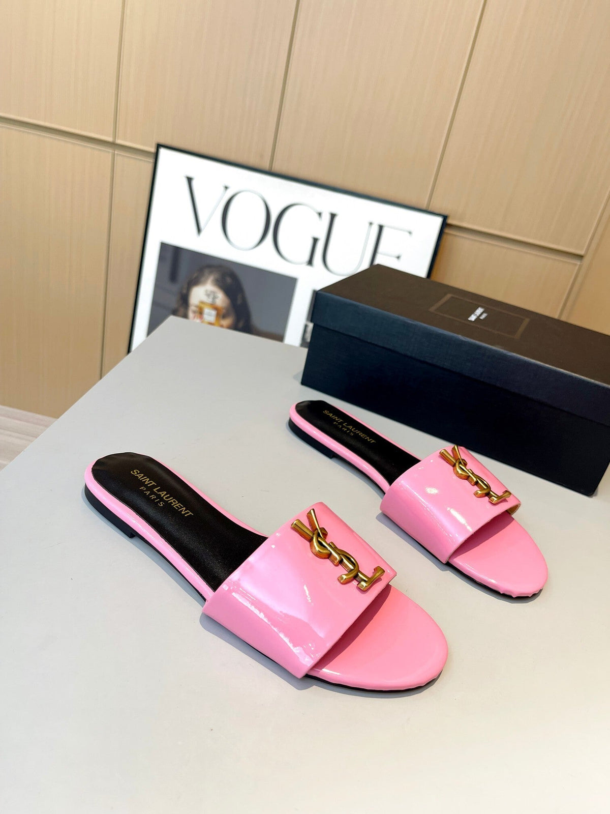 PINK PATENT SLIDE SANDALS