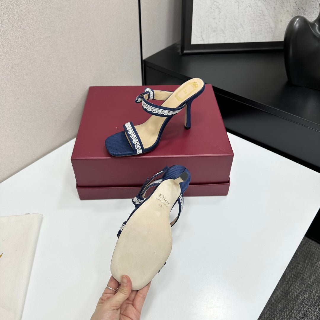 NAVY LACE TRIM LOGO STRAP HEEL SANDALS
