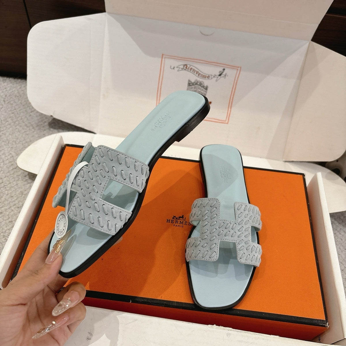 PASTEL BLUE SUEDE SLIDE SANDALS