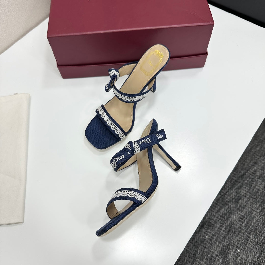 NAVY LACE TRIM LOGO STRAP HEEL SANDALS