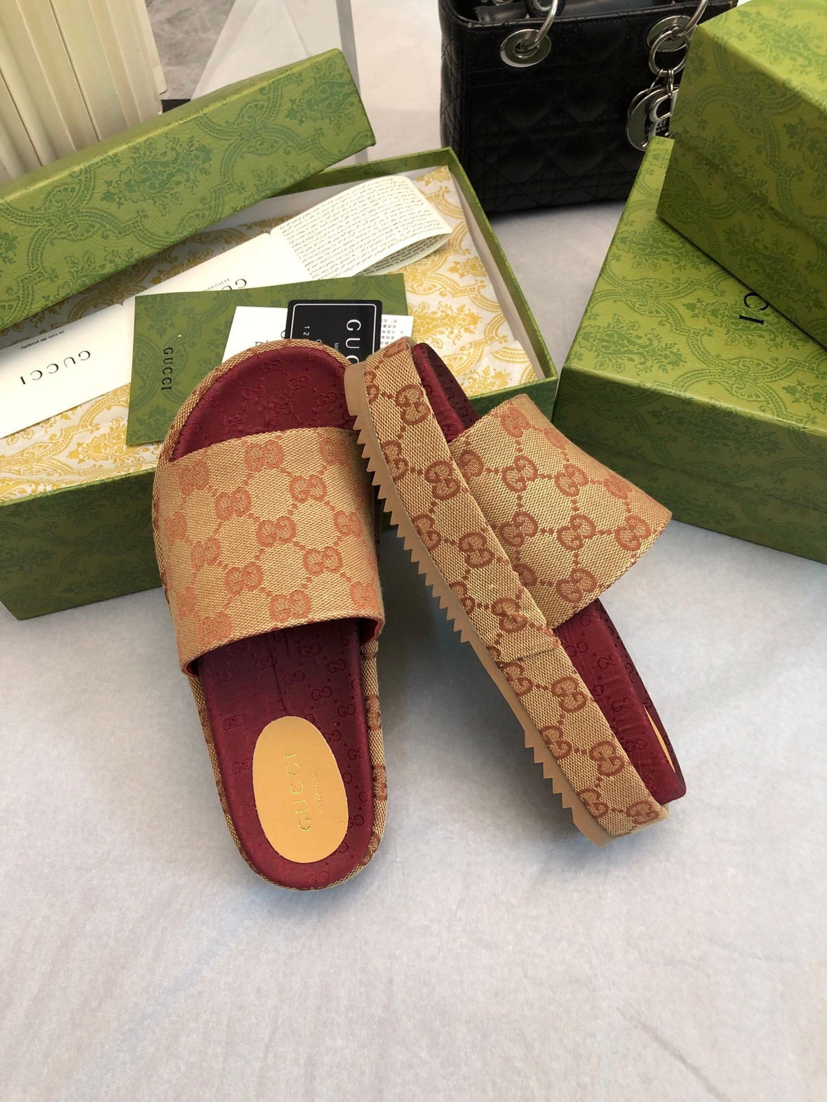 BEIGE & BURGUNDY MONOGRAM PLATFORM SLIDES