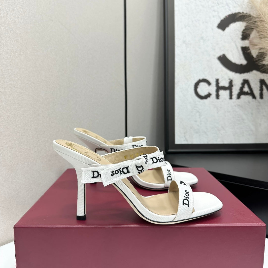 CRISP WHITE LOGO STRAP STILETTO SANDALS