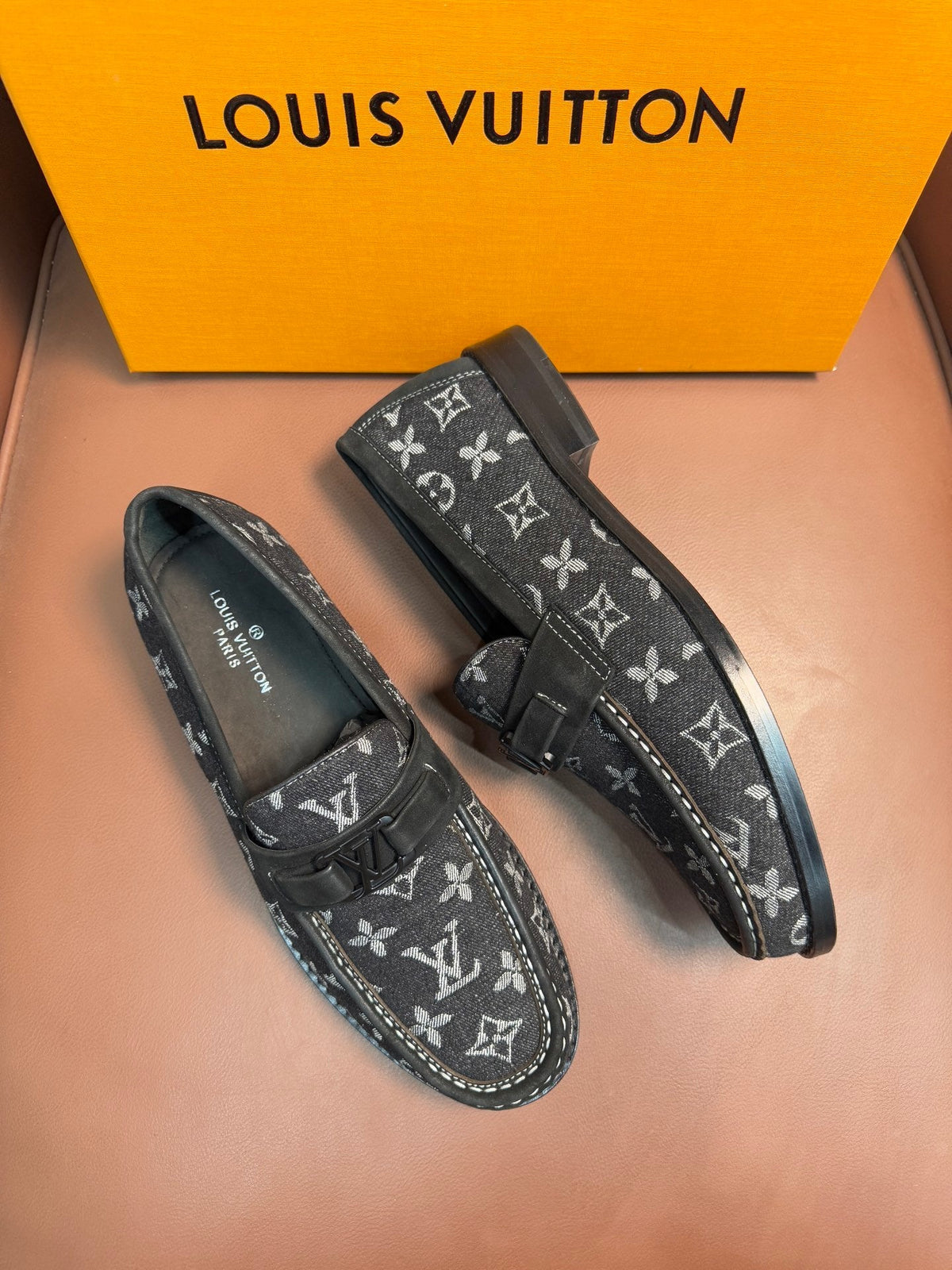 BLACK MONOGRAM CANVAS LOAFERS WITH METAL DETAIL
