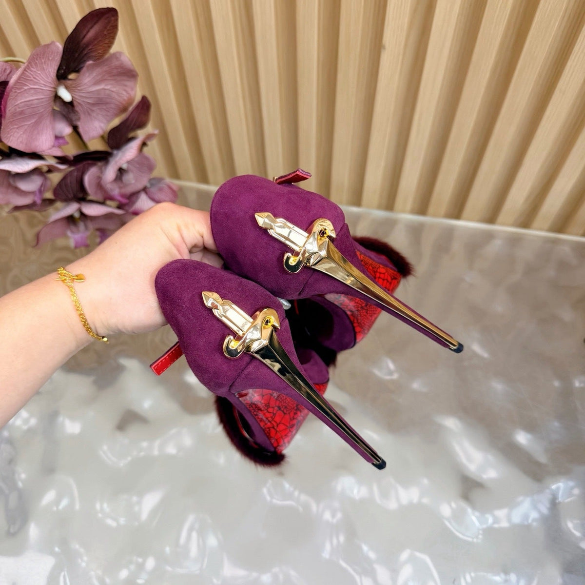 LUXE FUR STILETTO HEELS – PLUM & RED STATEMENT EDITION