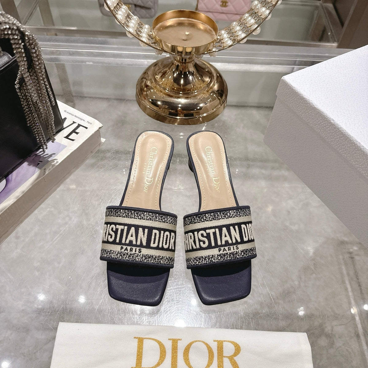 LOGO JACQUARD LOW HEEL SLIDE MULES