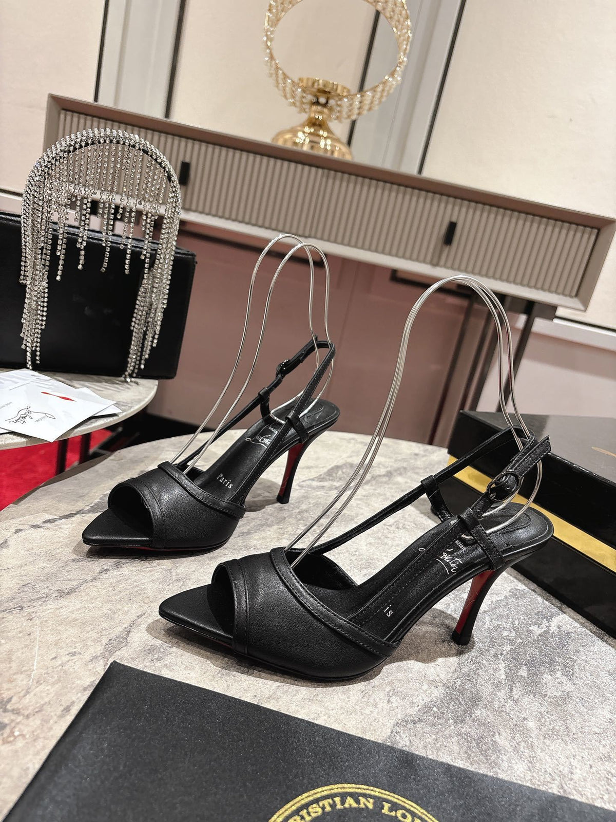 BLACK LEATHER STRAPPY OPEN-TOE SLINGBACK HEELS