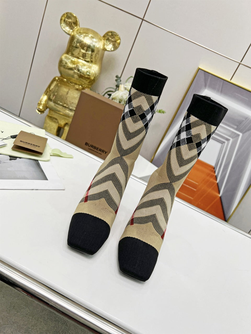 CHECK PATTERN KNIT ANKLE BOOTS WITH STILETTO HEEL