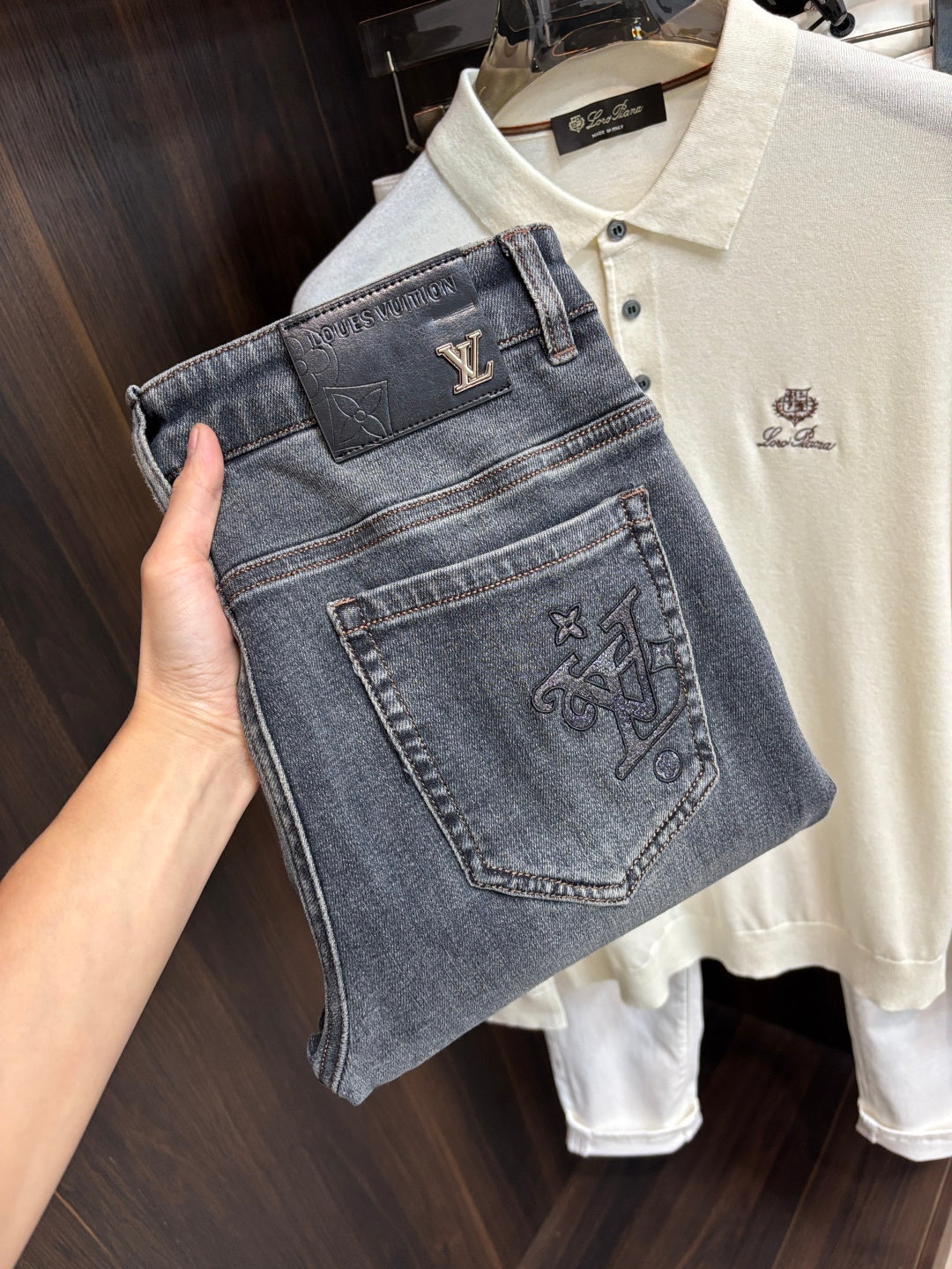 GREY DENIM JEANS WITH EMBROIDERED BACK DETAIL
