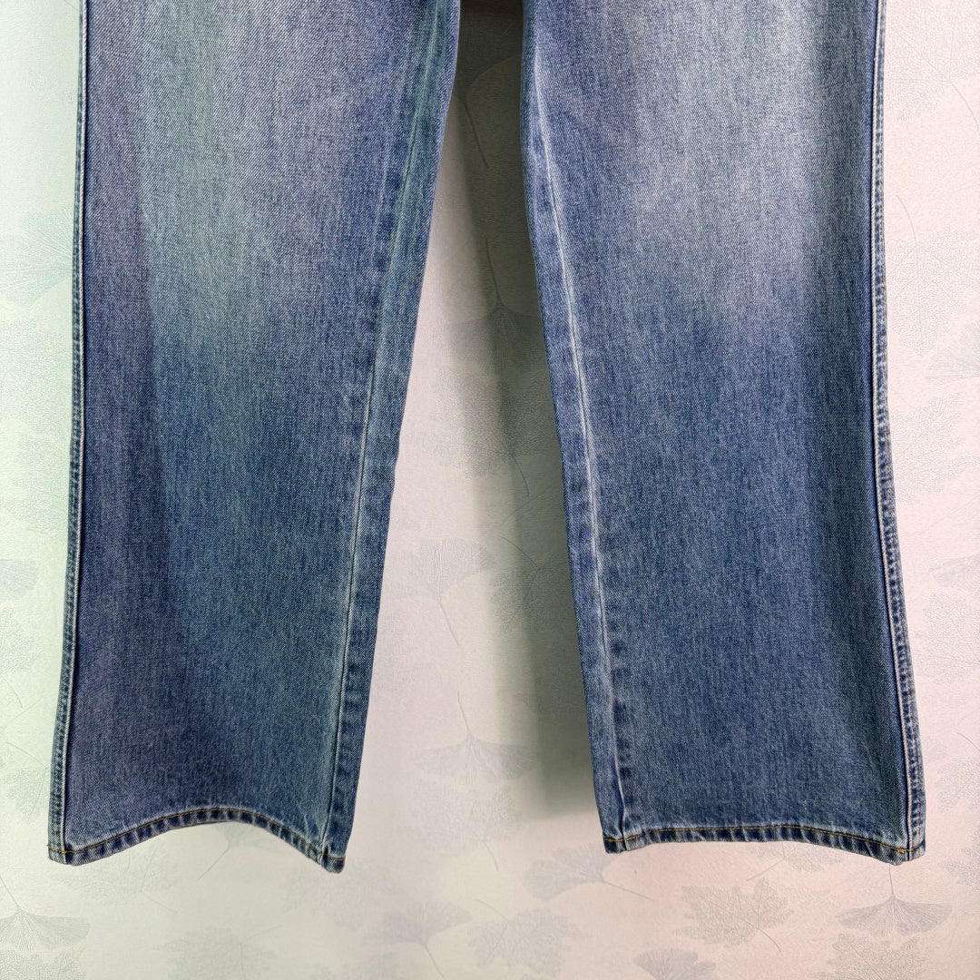 CLASSIC FADED WIDE LEG DENIM JEANS WITH HORSEBIT DETAIL