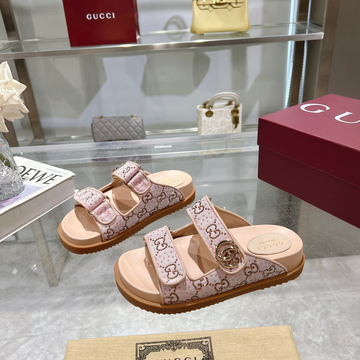 PINK MONOGRAM DOUBLE STRAP SANDALS