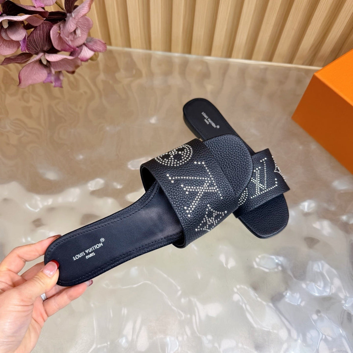 BLACK MONOGRAM STUDDED DESIGNER SLIDES