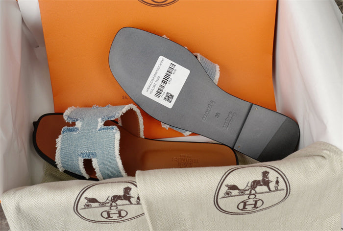FRINGED DENIM H-STRAP SLIDE SANDALS