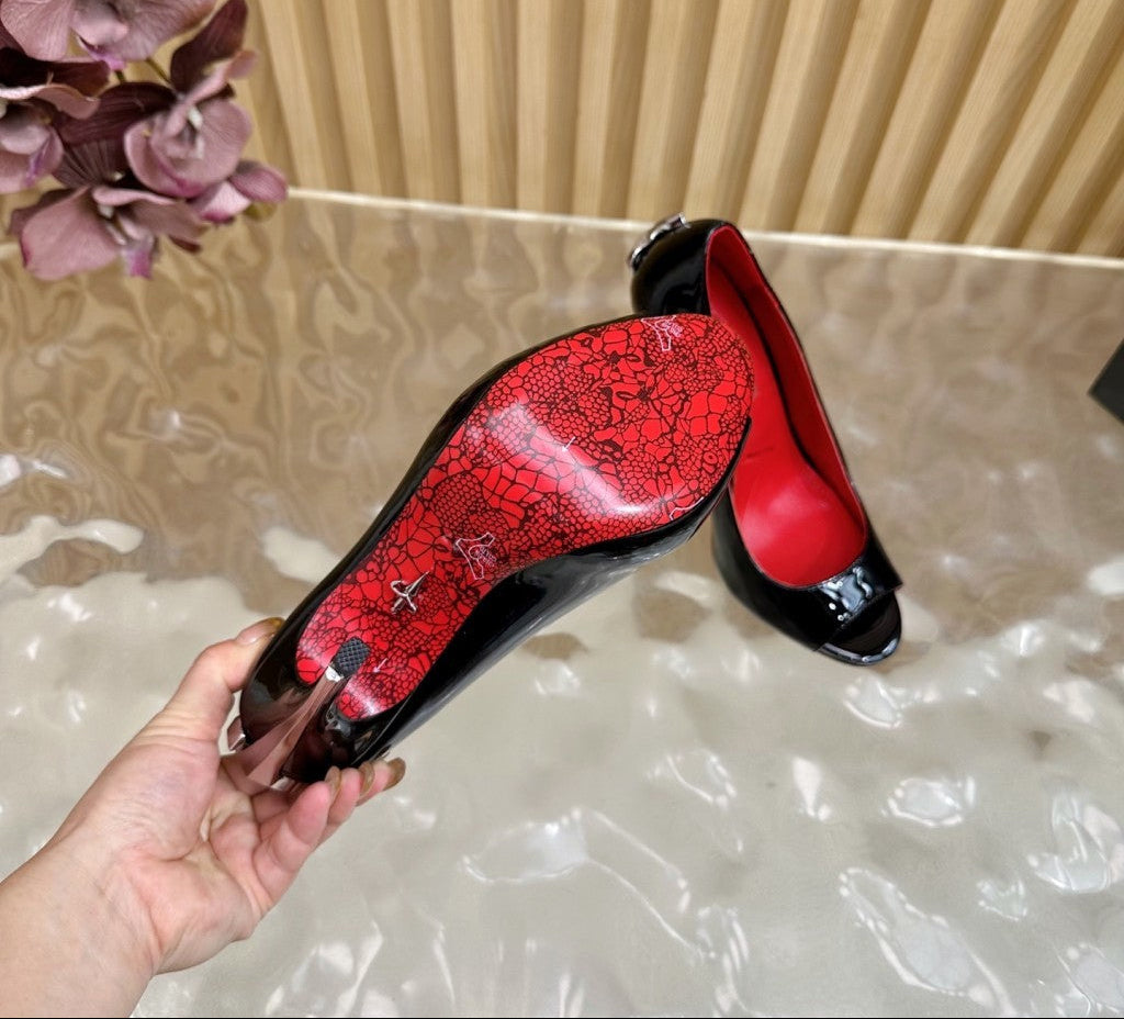 PATENT PEEP-TOE STILETTO PUMPS – CLASSIC BLACK EDITION