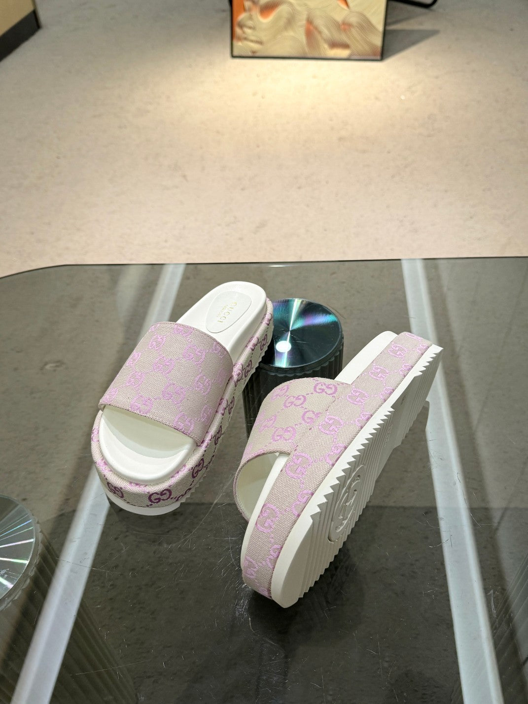 PASTEL MONOGRAM PLATFORM SLIDE SANDALS