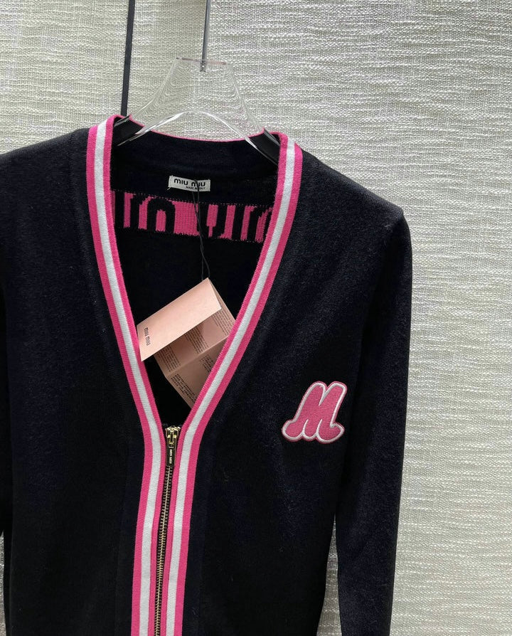 ZIP-UP CONTRAST KNIT CARDIGAN