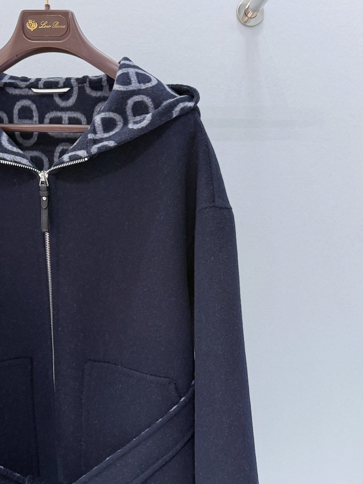 NAVY LONG COAT WITH HOOD, ZIP FRONT AND WAIST TIE