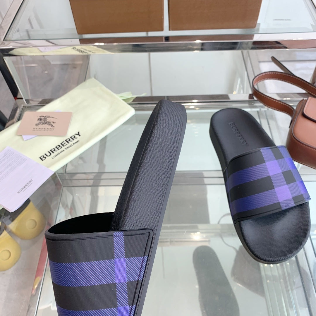 BLACK & PURPLE CHECK PRINT SLIDE SANDALS
