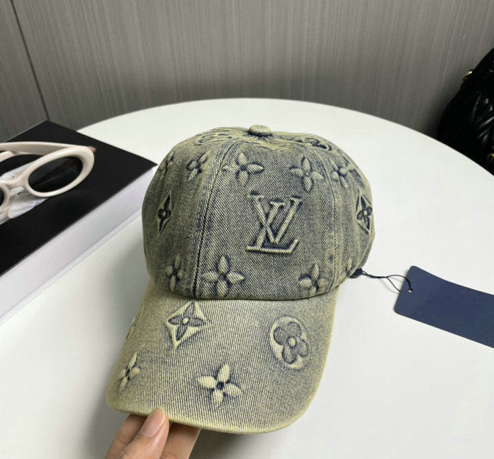 VINTAGE WASH DENIM BASEBALL CAP WITH EMBOSSED PATTERN
