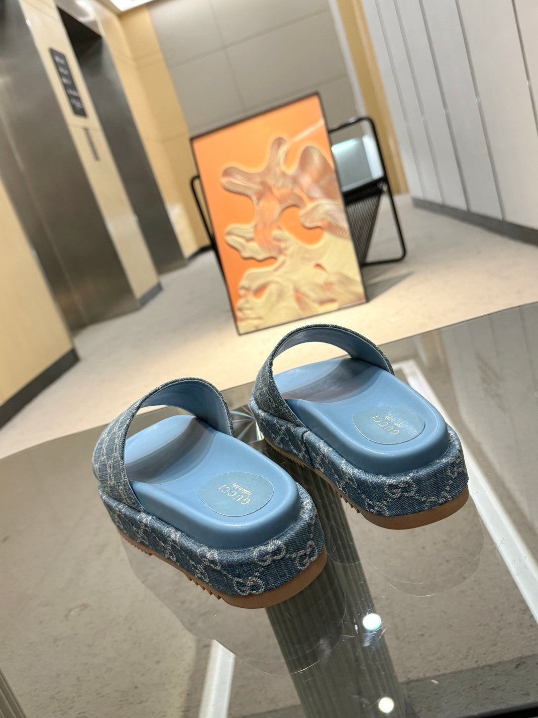 DENIM MONOGRAM PLATFORM SLIDE SANDALS