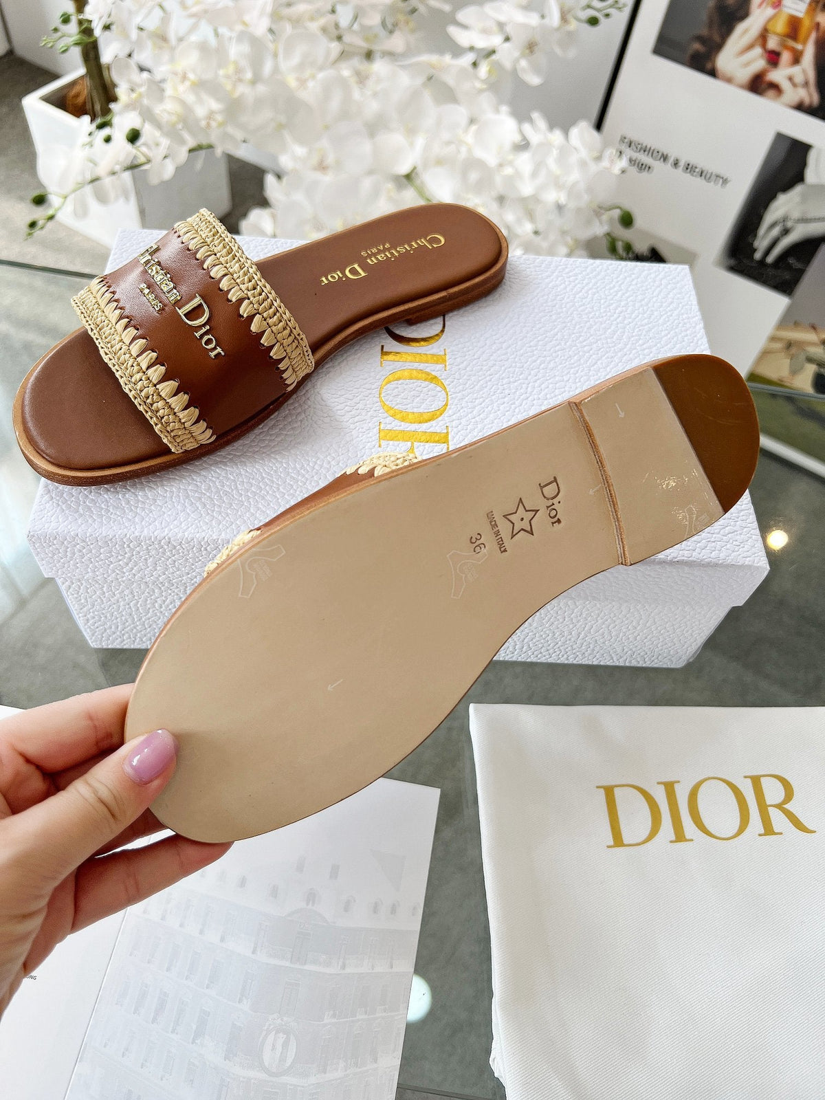 TAN WOVEN LOGO STRAP FLAT SLIDES
