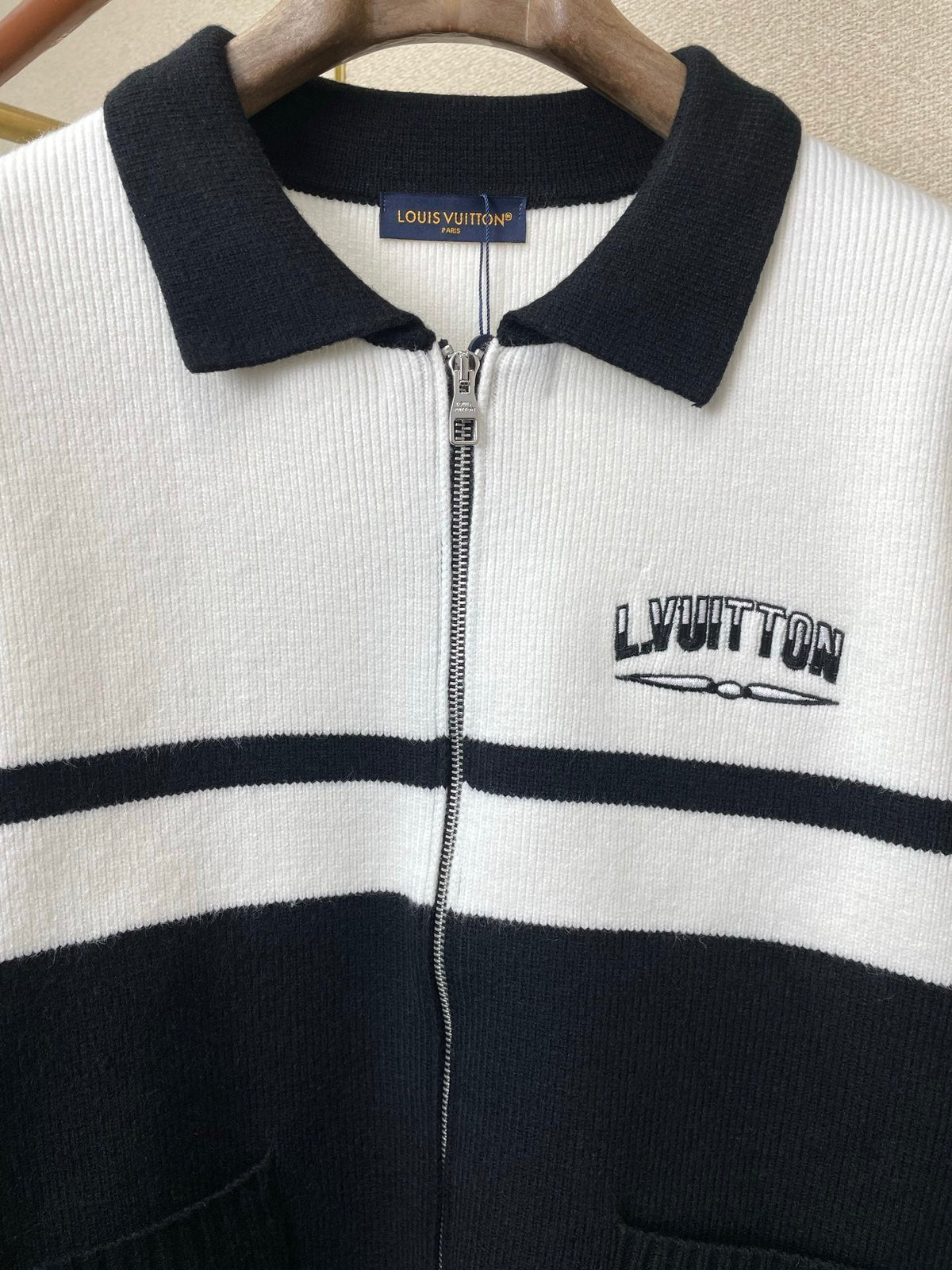 ZIP-FRONT STRIPED KNIT CARDIGAN WITH COLLAR