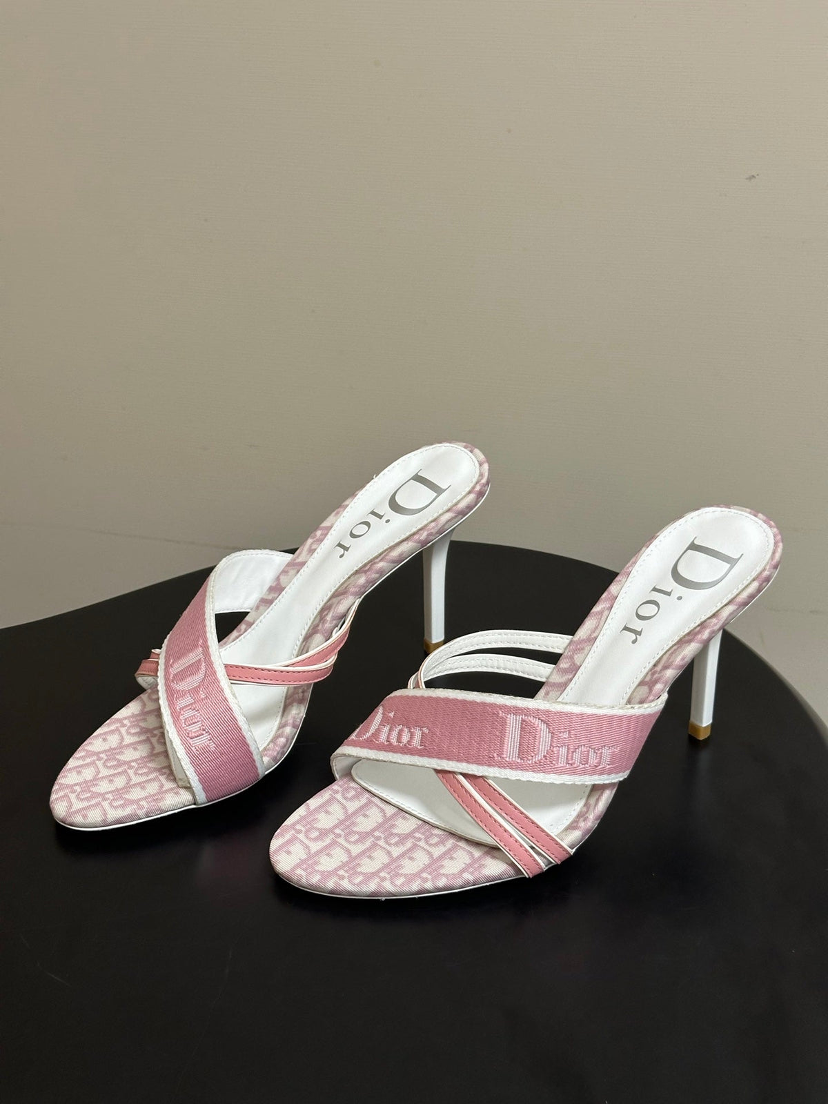 PINK MONOGRAM CANVAS LOGO STRAP HEEL SANDALS