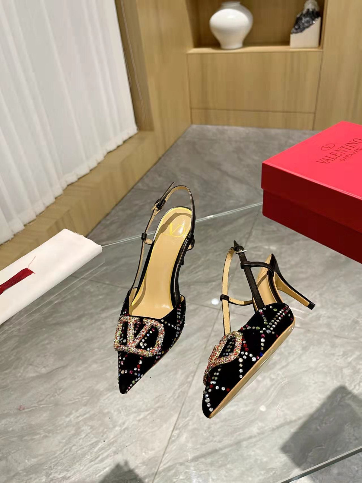 GLAM CRYSTAL EMBELLISHED SLINGBACK HEELS WITH SIGNATURE BUCKLE