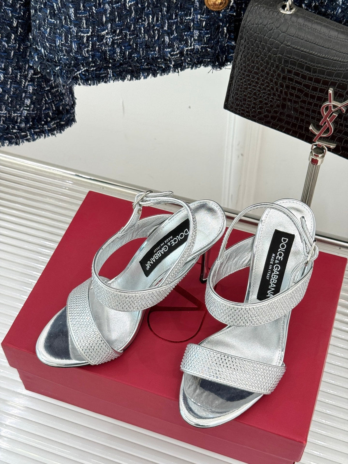 SILVER CRYSTAL-EMBELLISHED STRAPPY STILETTO HEELS