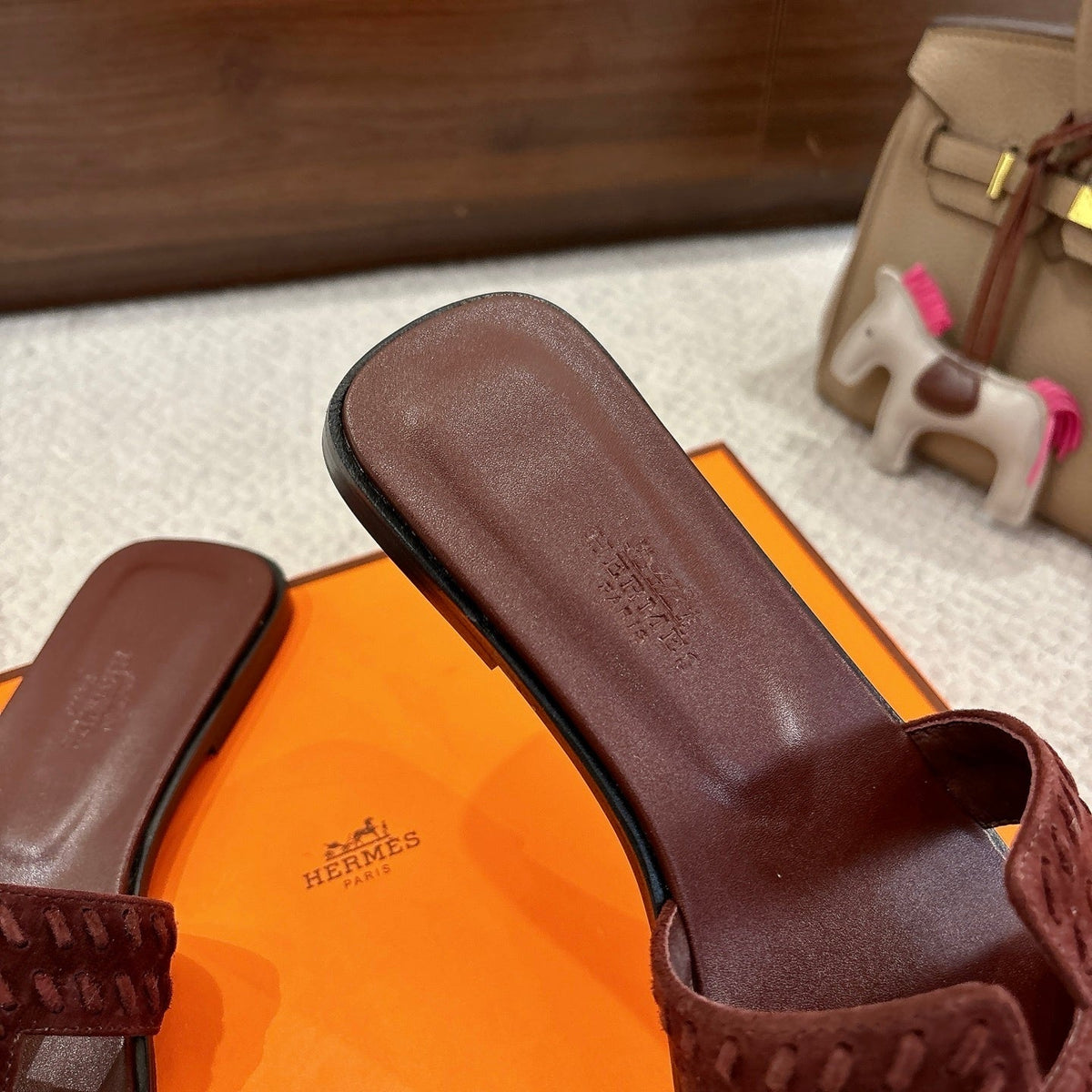 DARK BROWN SUEDE SLIDE SANDALS