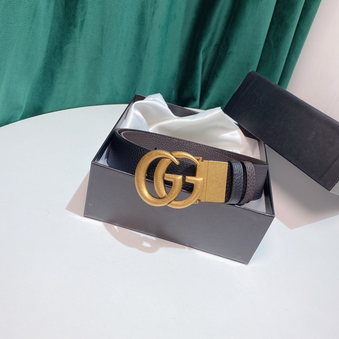 BROWN GRAINED LEATHER BELT WITH ANTIQUE GOLD DOUBLE G BUCKLE