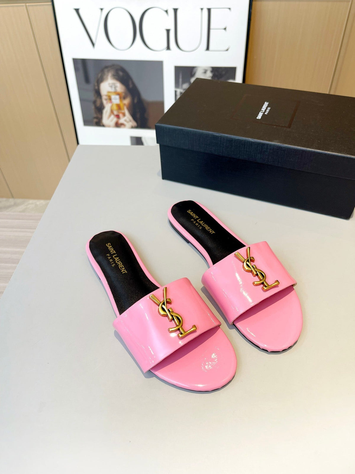 PINK PATENT SLIDE SANDALS