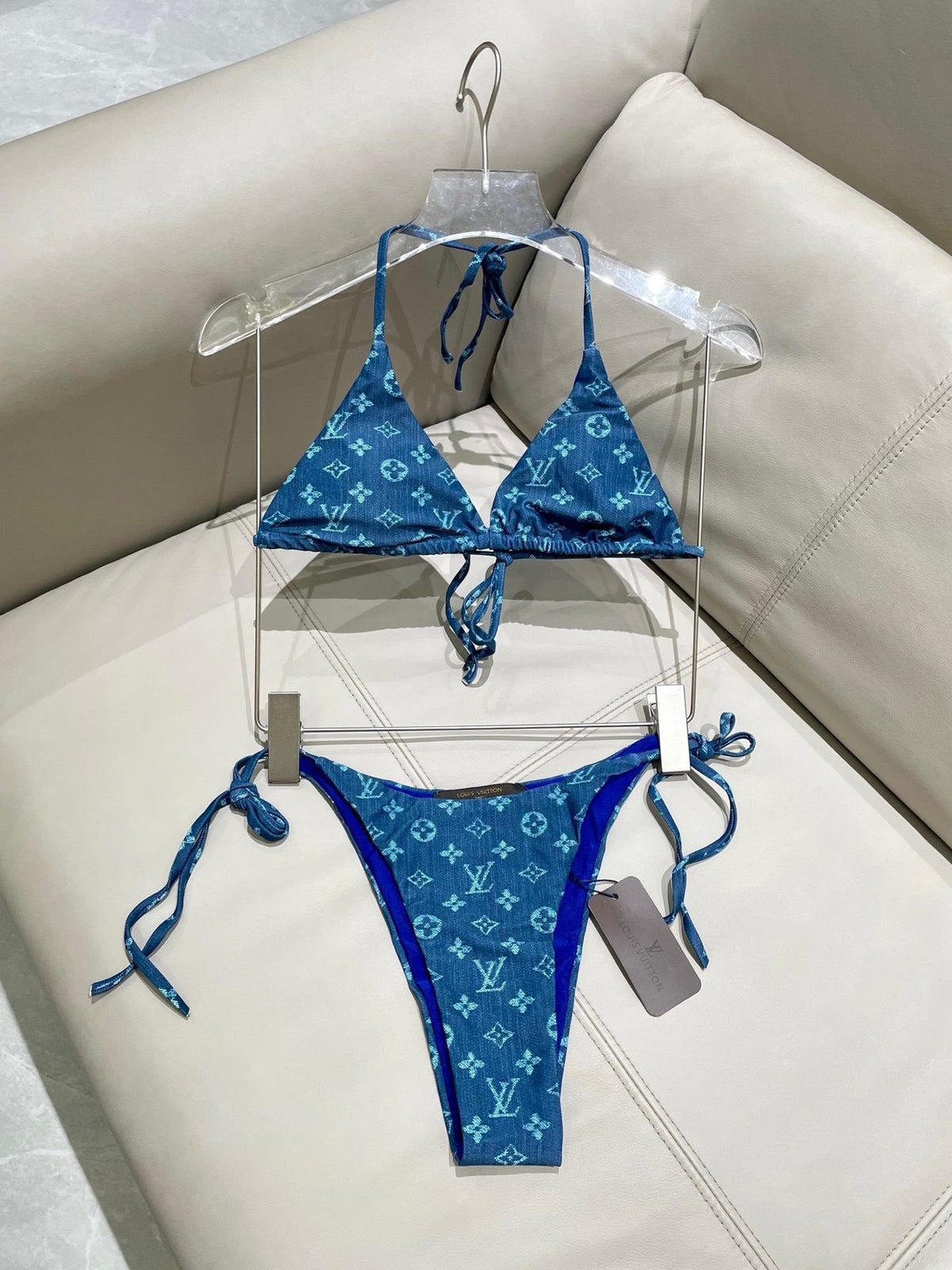 BLUE MONOGRAM TRIANGLE STRING BIKINI SET