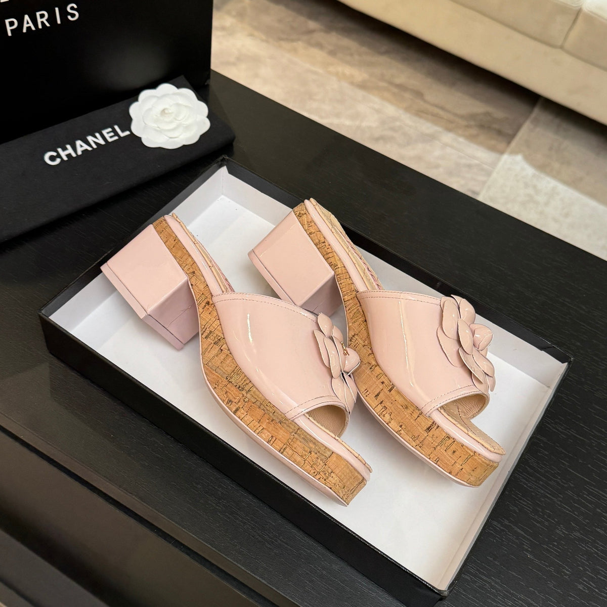 BLUSH QUILTED PLATFORM SLIDE SANDALS WITH CAMELLIA DETAIL