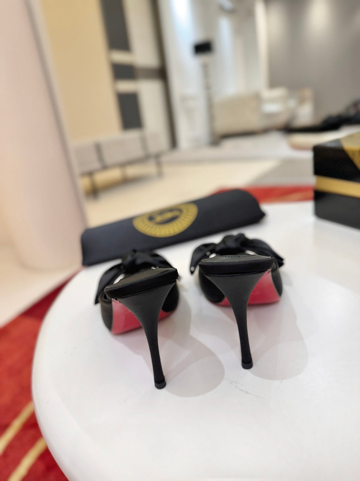 BLACK SATIN BOW MULE HEELS