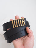 BLACK LEATHER BELT WITH GOLD LETTER BUCKLE