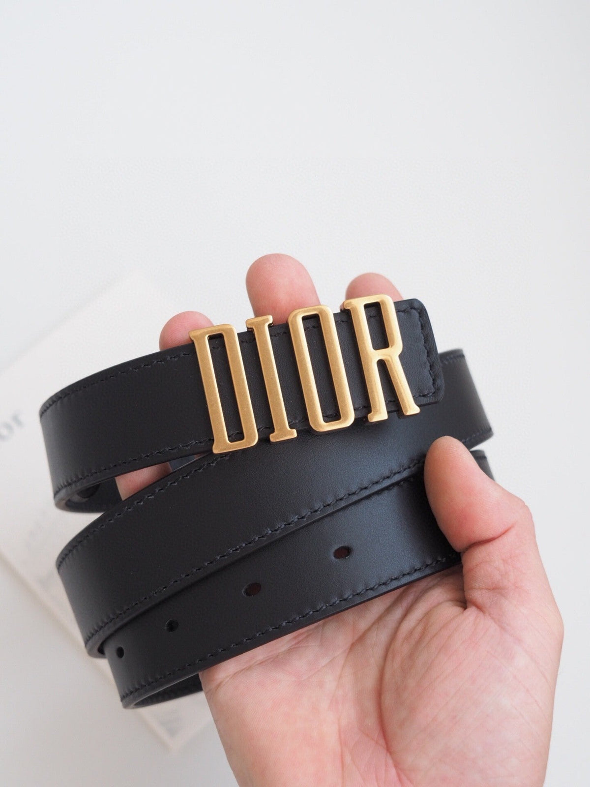 BLACK LEATHER BELT WITH GOLD LETTER BUCKLE
