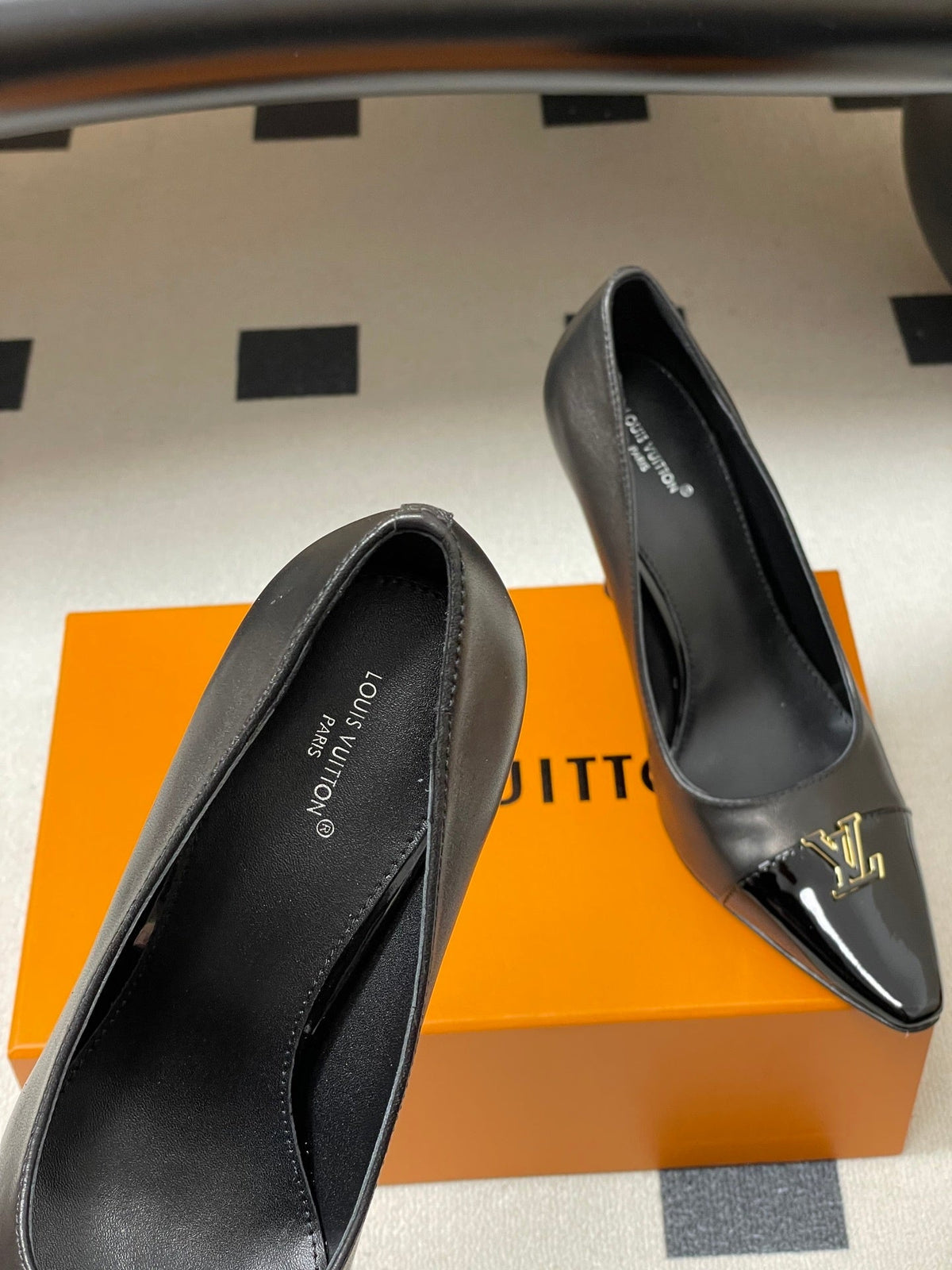 BLACK POINTED TOE LOGO STILETTO HEELS