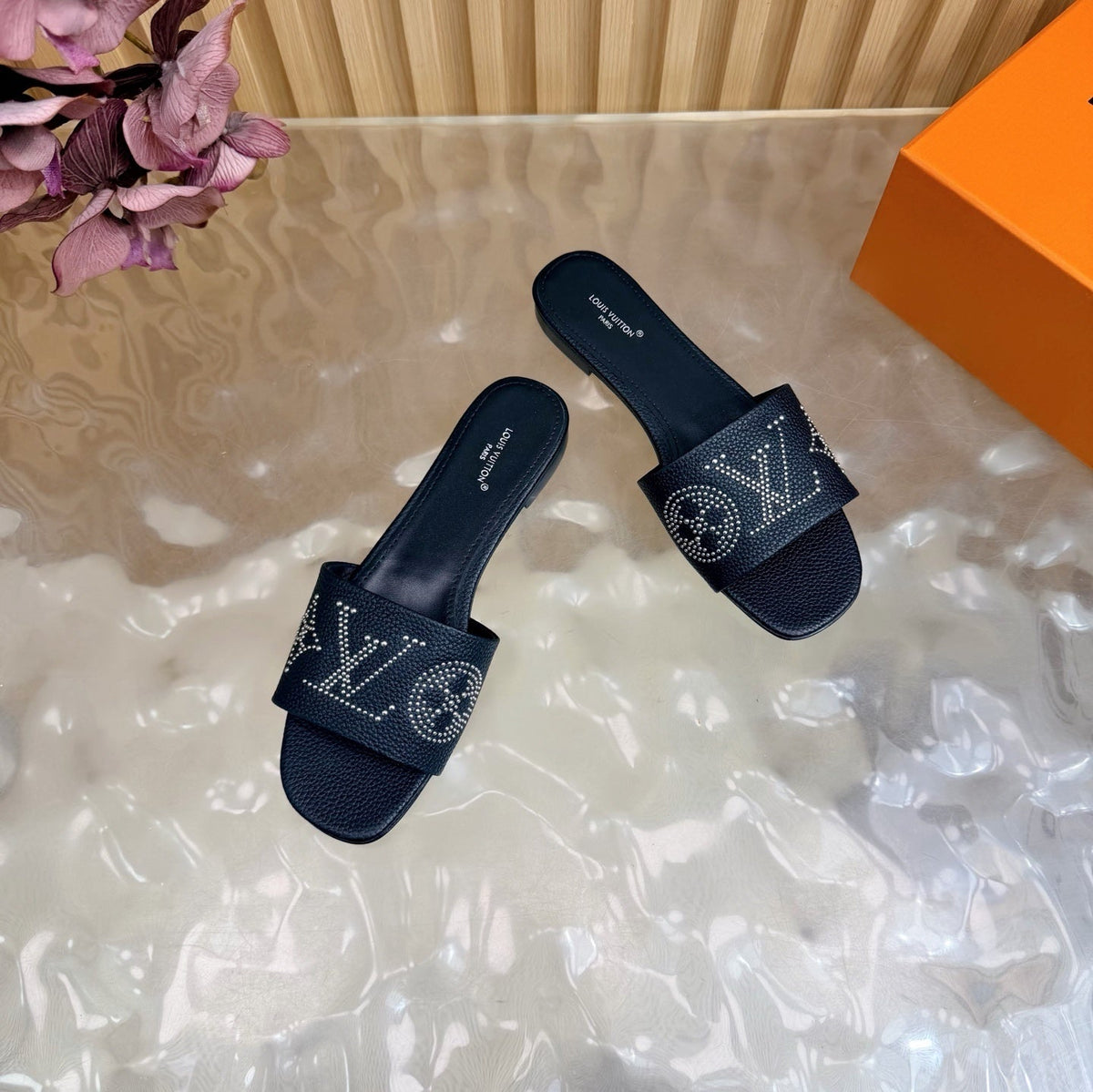 BLACK MONOGRAM STUDDED DESIGNER SLIDES