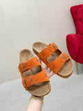 ORANGE DOUBLE-STRAP BUCKLE SLIDE SANDALS