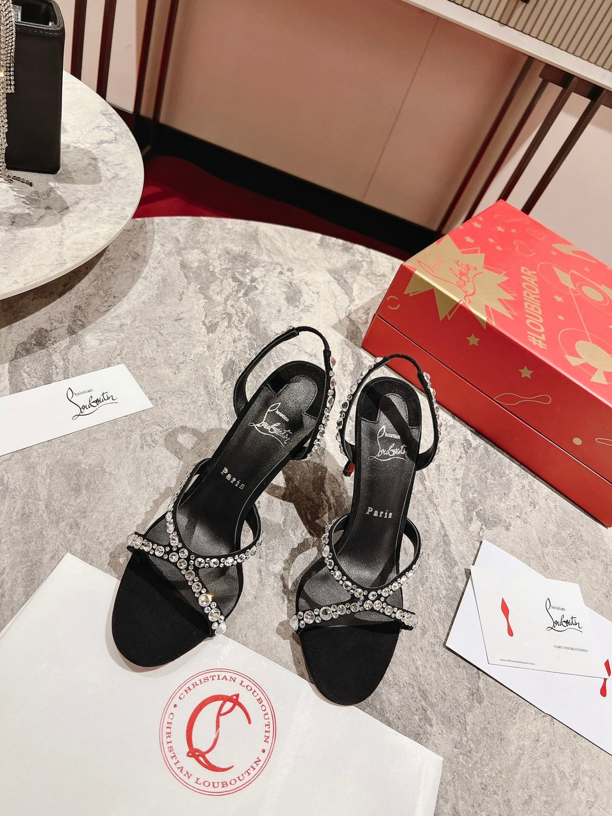 BLACK CRYSTAL-STRAP SANDAL HEELS
