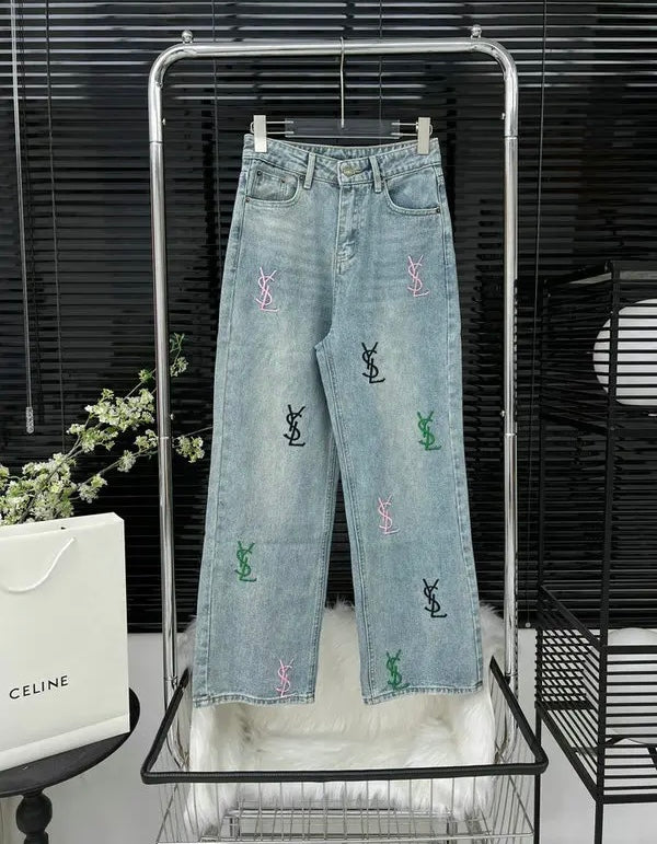 MULTI-COLOR LOGO EMBROIDERED STRAIGHT LEG JEANS