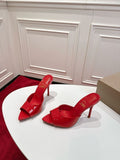 RED PATENT OPEN-TOE MULE HEELS