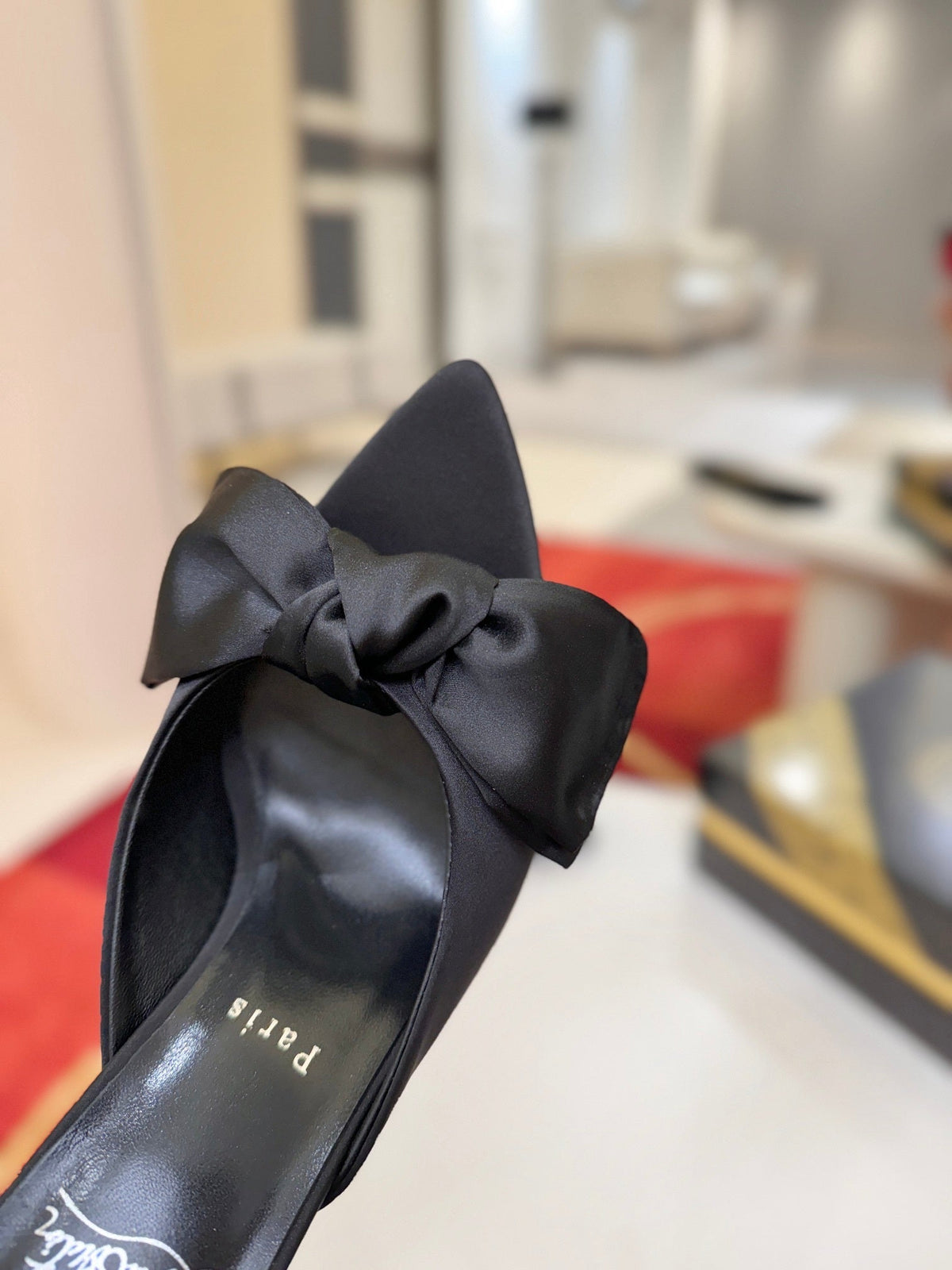 BLACK SATIN BOW MULE HEELS
