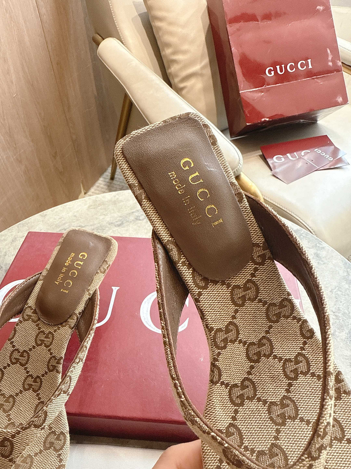BEIGE MONOGRAM HEELED THONG SANDALS