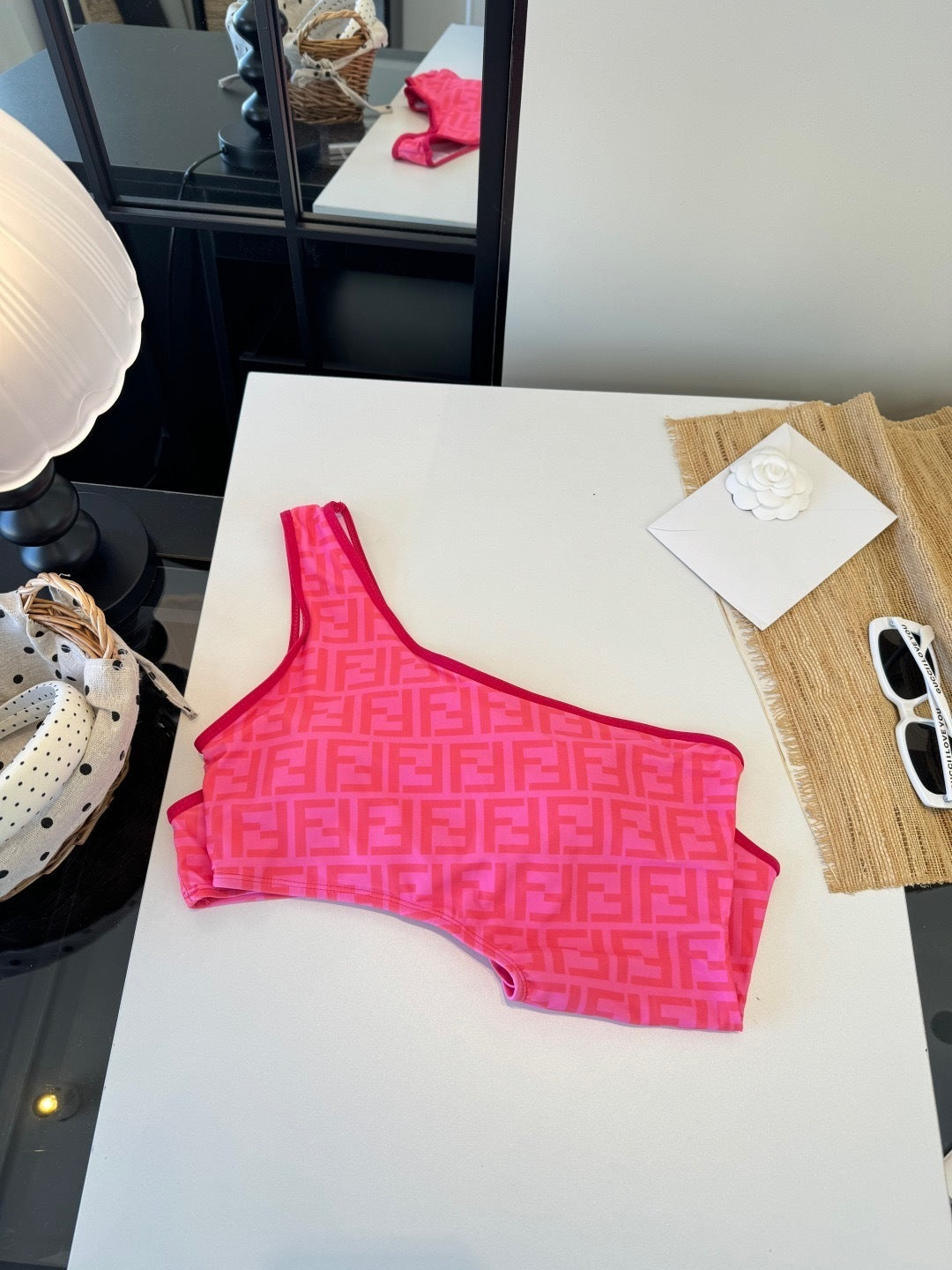 PINK MONOGRAM ONE-SHOULDER CUT-OUT ONE-PIECE SWIMSUIT