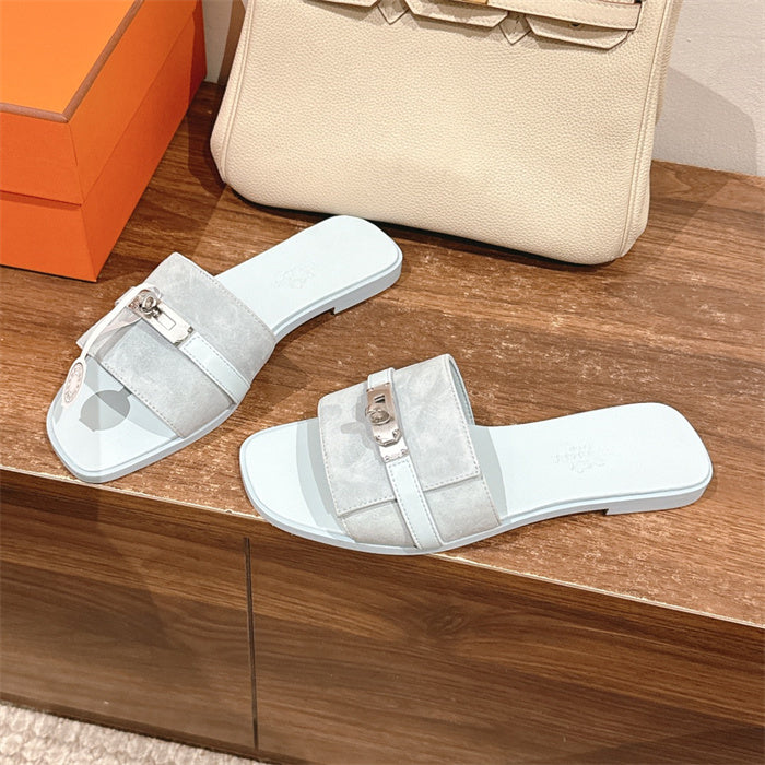 PASTEL BLUE SUEDE BUCKLE SLIDE SANDALS