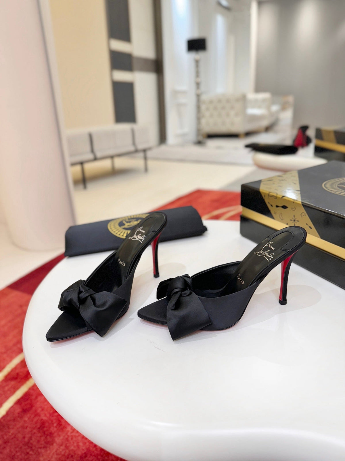 BLACK SATIN BOW MULE HEELS