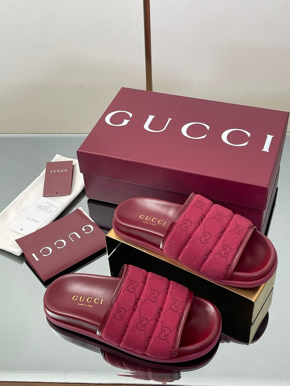 RED PADDED SLIDE SANDALS