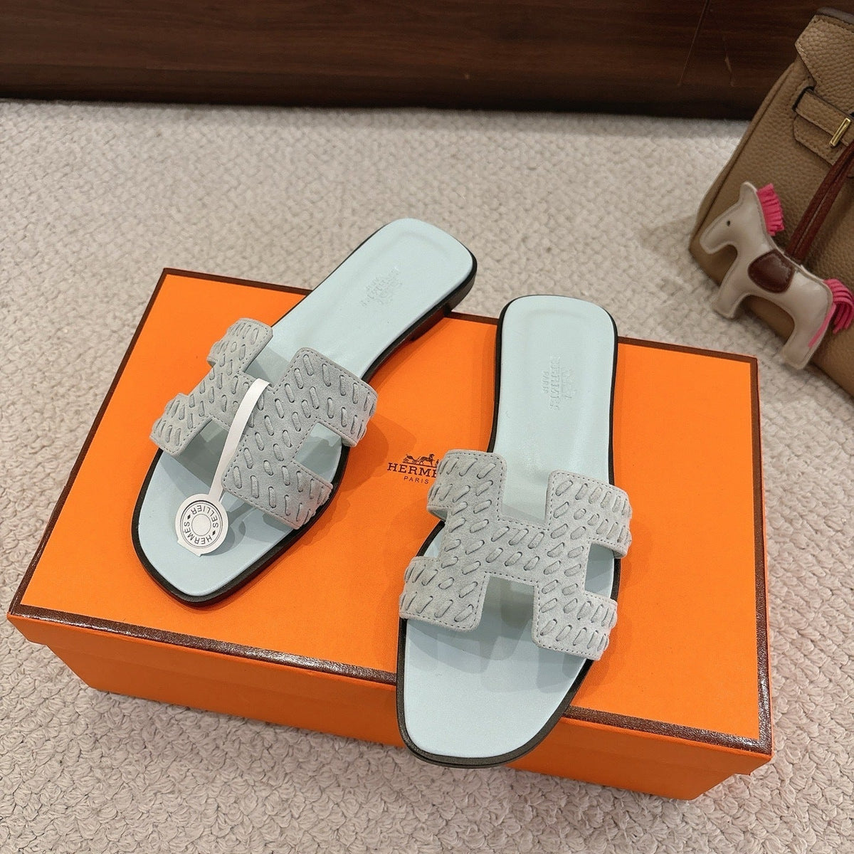 PASTEL BLUE SUEDE SLIDE SANDALS