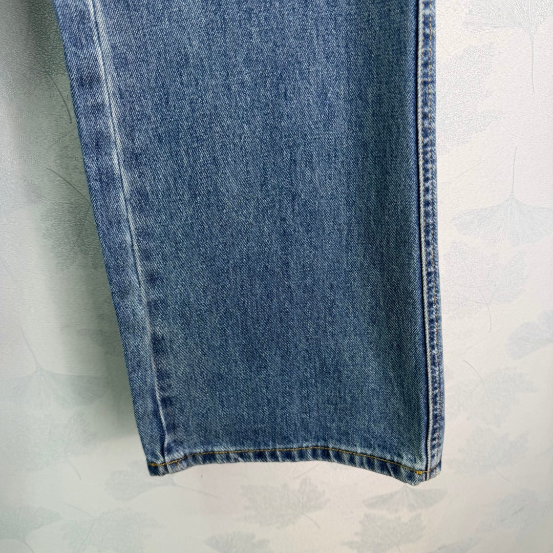 CLASSIC FADED WIDE LEG DENIM JEANS WITH HORSEBIT DETAIL